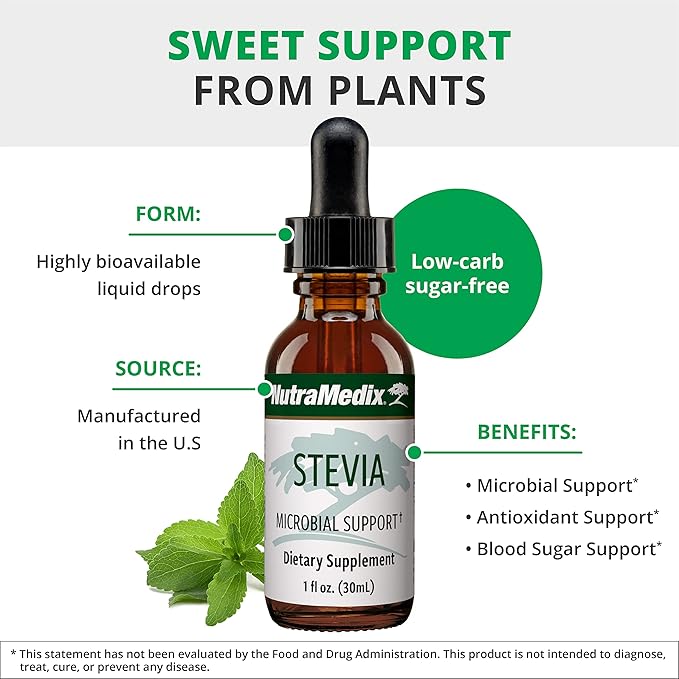NutraMedix Stevia - Bioavailable Liquid Stevia Leaf Extract Drops for Microbial Support - Sugar Alternative with Microbial Support Properties - Low-Carb No Added Sugar (1 oz / 30 ml)