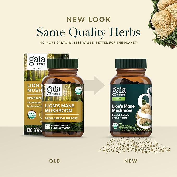 Gaia Herbs Lion's Mane Mushroom - Brain &amp Nerve Health Support* - 40 Vegan Capsules (40 Servings)