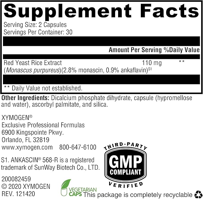 XYMOGEN Yeast Rice - Heart Health &amp Cardiovascular Support - Maintain Healthy Blood Lipid &amp Cholesterol Levels - Monacolin K &amp Citrinin-Free - Vegetarian Non-GMO &amp Gluten Free - 60 Ca