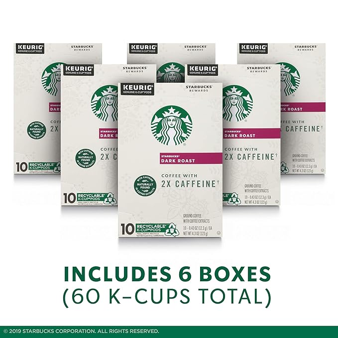 Starbucks Dark Roast K-Cup Coffee Pods with 2X Caffeine for Keurig Brewers 6 boxes (60 pods total)