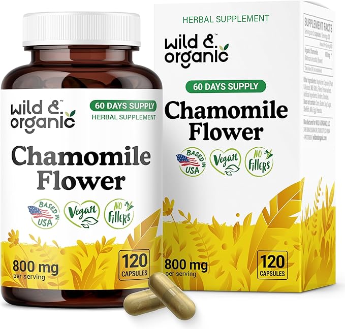 Wild &amp Organic Chamomile Extract Capsules 800 mg - Relaxation &amp Digestive Support - Chamomile Flower Extract Supplement - Matricaria Recutita Herb - Vegan No Fillers Non-GMO - 120 Count