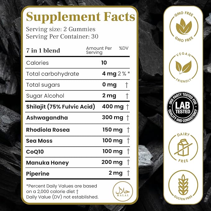 Performance Shilajit Gummies with CoQ10 and Ashwagandha – Pure 7-in-1 Formula with 75% Fulvic Acid &amp 92+ Minerals – For Men &amp Women Energy Focus &amp Stress Support – 60 Sugar-Free Himalay