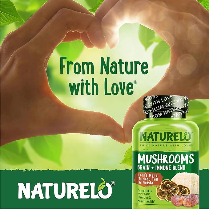 NATURELO Mushroom Supplement – Brain &amp Immune Health Blend with Lion’s Mane Reishi Turkey Tail – 90 Vegan Friendly Capsules (Pack of 2)