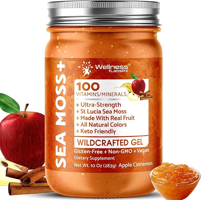 Irish Sea Moss Gel Raw - Wildcrafted Superfood Seamoss Gel - Apple Cinnamon Flavor Vitamin and Mineral-Rich from Pristine Caribbean Waters Immune and Digestive Health Support - 10 oz