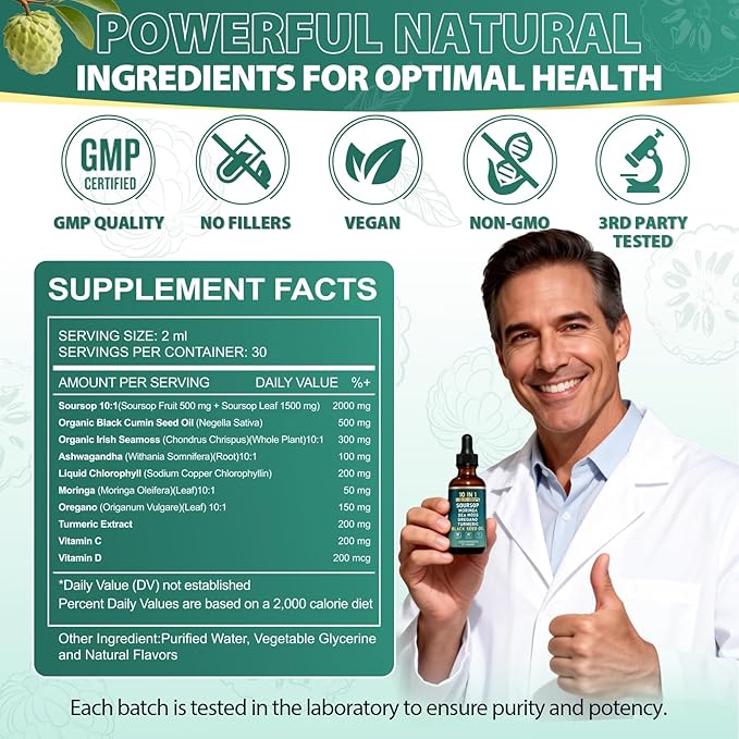 10-in-1 Soursop Bitters Liquid Drops with Sea Moss Moringa Black Seed Oil Turmeric Ashwagandha Oregano - for Overall Health - 2 Fl Oz - Non-GMO Vegan