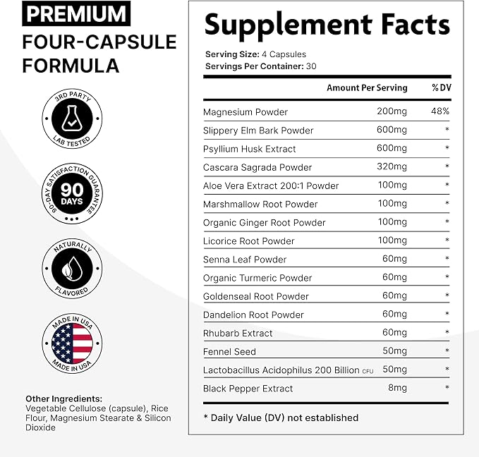 16 in 1 Slippery Elm Bark for Women &amp Men - Digestive Health &amp Leaky Gut Wellness Supplement - Probiotic Psyllium Husk Cascara Magnesium &amp Marshmallow Root Complex - DGL Licorice Extrac