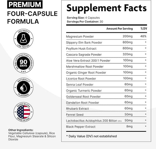 16 in 1 Slippery Elm Bark for Women &amp Men - Digestive Health &amp Leaky Gut Wellness Supplement - Probiotic Psyllium Husk Cascara Magnesium &amp Marshmallow Root Complex - DGL Licorice Extrac