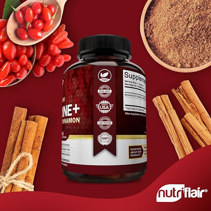 NutriFlair Premium Berberine HCL 1200mg 120 Capsules - Plus Pure True Ceylon Cinnamon Berberine HCI Root Supplements Pills - Immune System - Made in USA