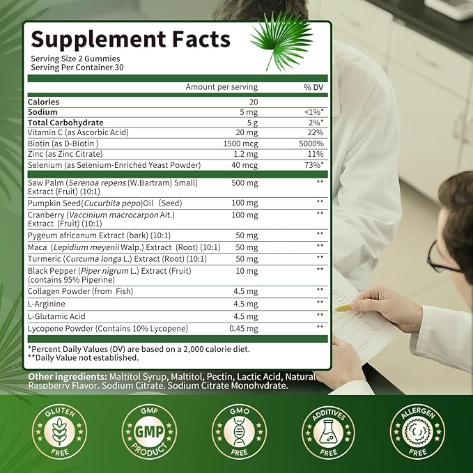Lukaree Saw Palmetto for Men &amp Women 15 in 1 Saw Palmetto Extract Gummies with Pumpkin Seed Oil Prostate Health Supplements for Men Advanced DHT Blocker Hair &amp Urinary Health Support 60 C