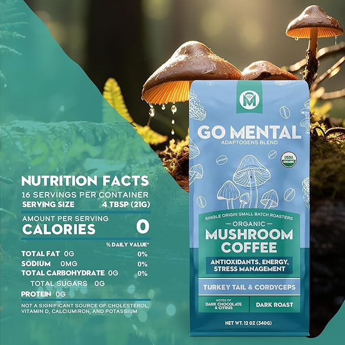 Organic Mushroom Coffee 3 Bag Gift Box Set Lion's Mane &amp Chaga Red Reishi &amp Chaga Decaffeinated Turkey Tail &amp Cordyceps Immune Support &amp Overall Wellbeing Dark Roast 36oz Ground