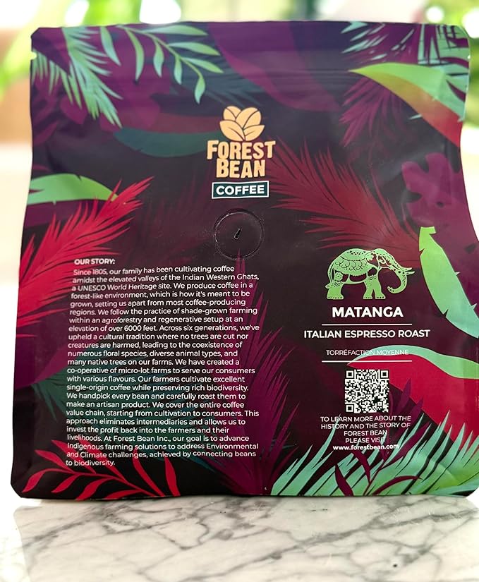 Forest Bean Matanga Coffee 100% Arabica Single-Origin Indian Italian Espresso Roast 340g Whole Bean Bag