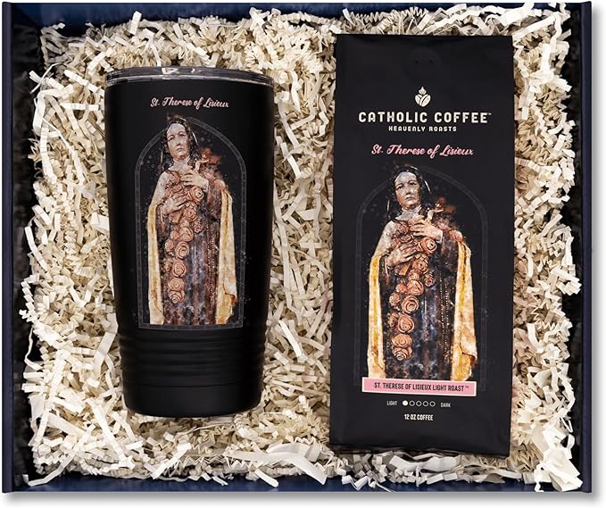 Catholic Coffee St. Thérèse of Lisieux Light Roast Ground Coffee &amp Tumbler Gift Set - 12oz Bag Christmas Gift for Coffee Lovers Catholic Holiday Box