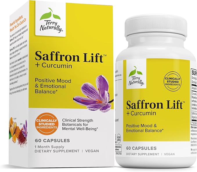 Terry Naturally Saffron Lift + Curcumin - Herbal Supplement with Curcumin - Non-GMO Saffron &amp Brain Curcumin Capsules - Concentration &amp Relaxation Support Supplement - 60 Capsules