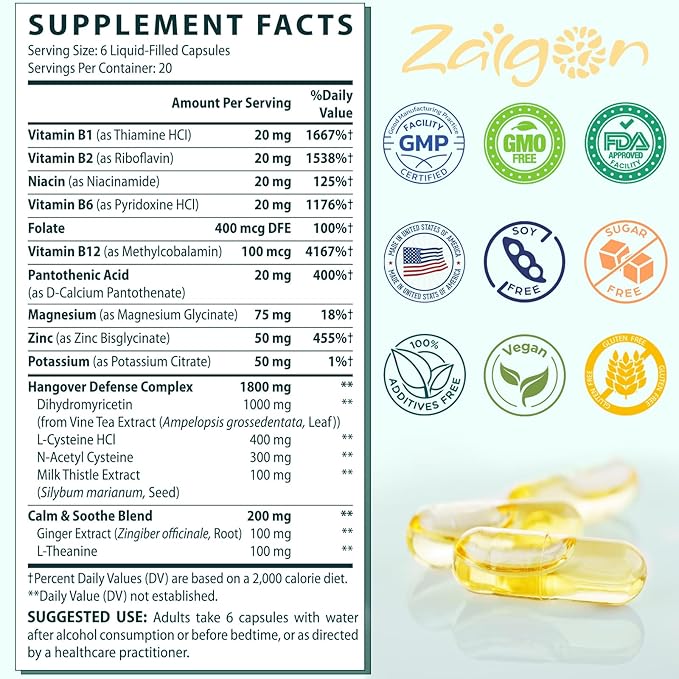 Zaigon Liposomal DHM Supplements 1000 mg dihydromyricetin with l-cysteine Milk Thistle Electrolytes Ginger NAC L-Theanine &amp Vitamin B for Recovery After Drinking &amp Liver Support 240 Cap