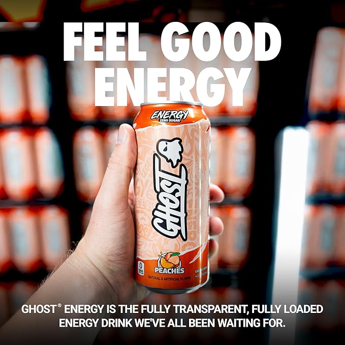 GHOST Energy Drink - 12-Pack Peaches 16oz - Energy &amp Focus &amp No Artificial Colors - 200mg of Natural Caffeine L-Carnitine &amp Taurine - Gluten-Free &amp Vegan