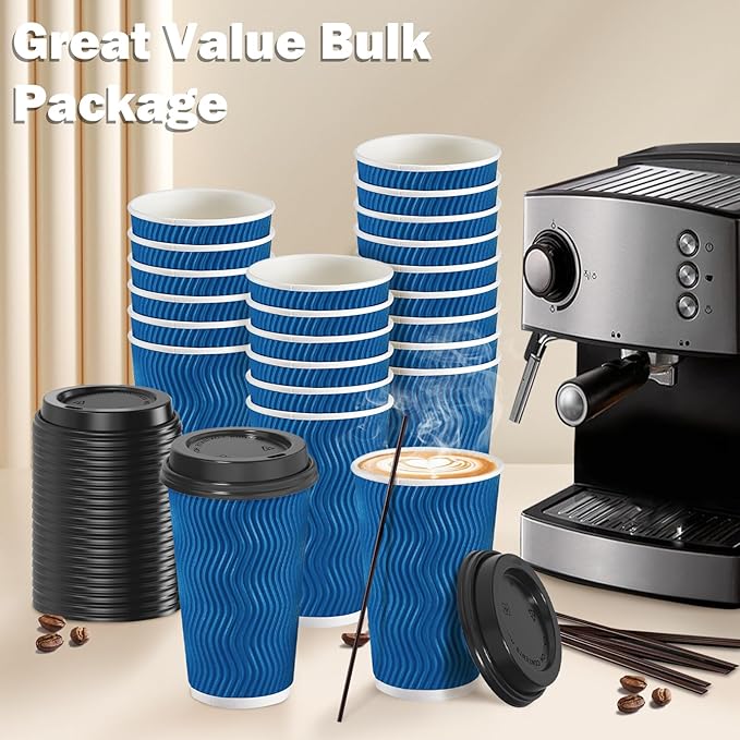 SIUQ 16 oz Coffee Cups-90 Pack Disposable Coffee Cups with Lids and Straws Insulated Ripple Wall To Go Paper Coffee Cup for Coffee Hot Chocolate and Hot Tea Drinks - Navy