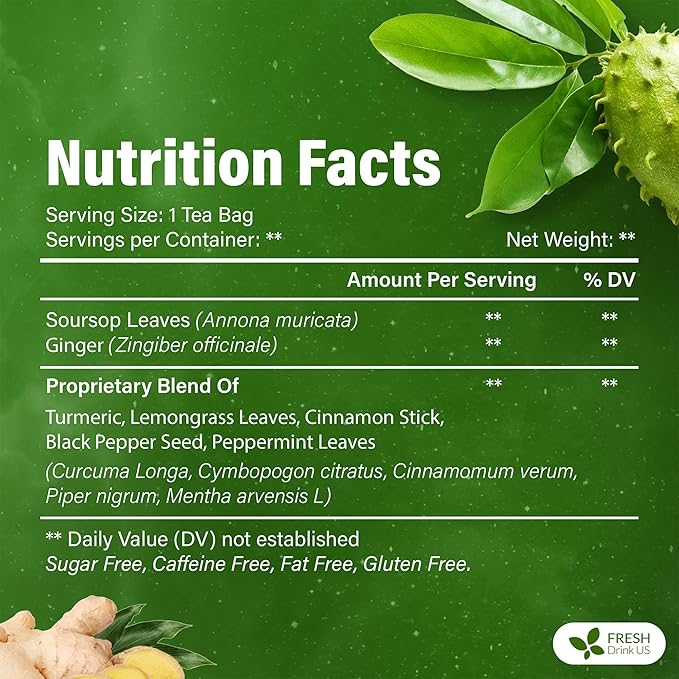 FreshDrinkUS Super Soursop Herbal Tea – 60 Tea Bags | Soursop Ginger Turmeric Lemongrass Cinnamon Black Pepper &amp Peppermint | Caffeine-Free Natural Flavor Plant-Based Blend | Sugar-Free