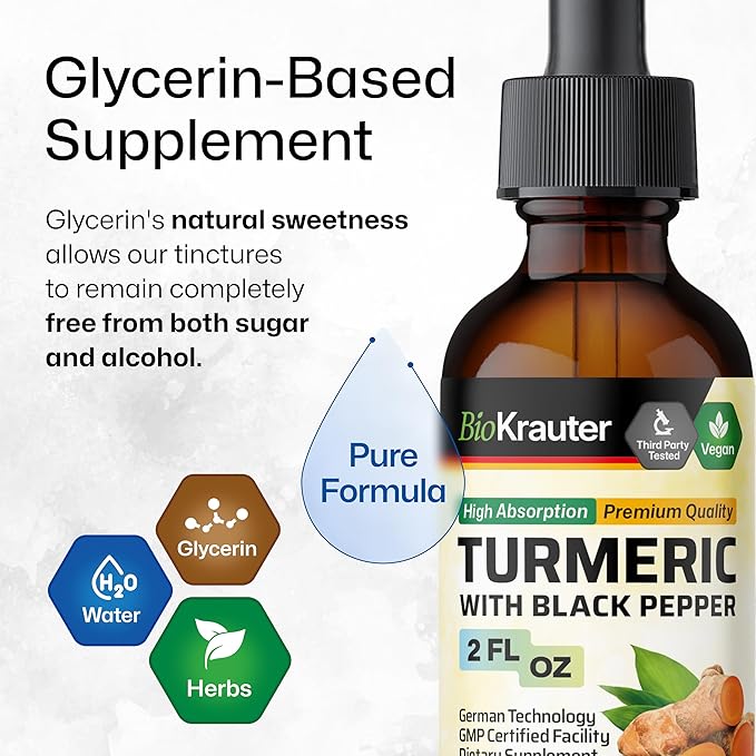 BIO KRAUTER® Turmeric Supplement for Joint Support - Pure Vegan Curcumin with Black Pepper 2 Fl.Oz 28 Days of Supply - Curcumin Drops 1200 mg for Antioxidant &amp Immune Support - Alcohol &amp Sugar
