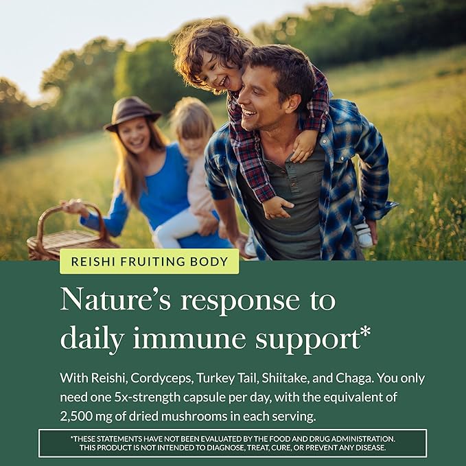 Gaia Herbs Everyday Mushrooms - Immune Support Mushroom Supplement for Daily Health Support* - with Reishi Cordyceps Turkey Tail Shiitake &amp Chaga Mushrooms - 40 Vegan Capsules (40 Servings)