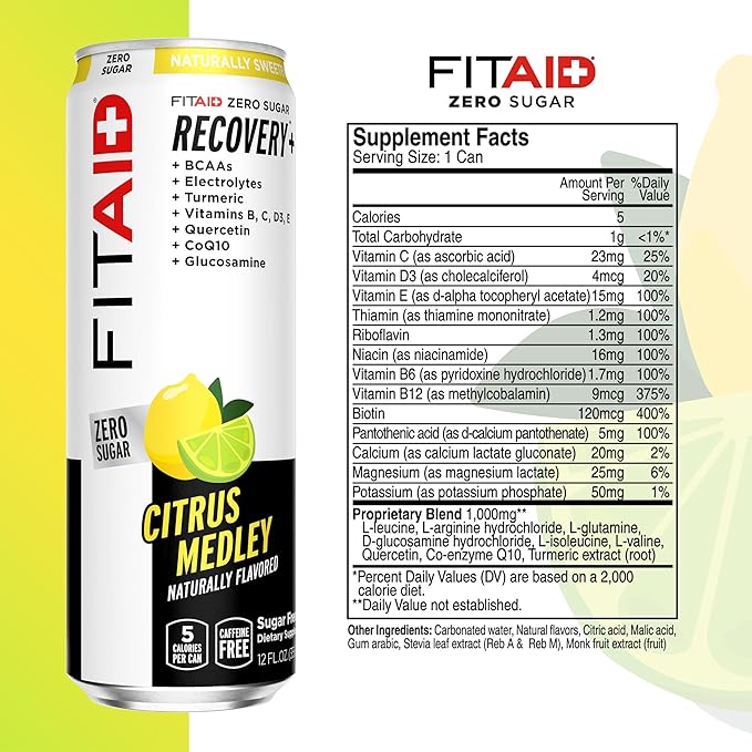 FITAID ZERO Sugar Keto-Friendly Number 1 Post-Workout Recovery Drink Contains Zero Sugar BCAAs Glucosamine 5 Calories Keto Variety Pack 12 Fl Oz (Pack of 12)