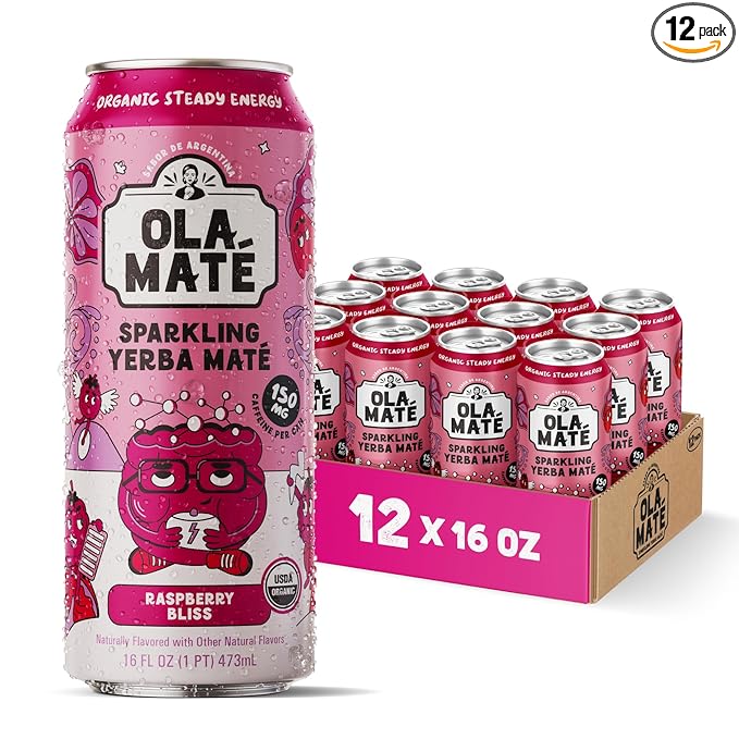 Yerba Mate Energy Drink - Low Sugar Sparkling Tea Cans with Ashwagandha Lion’s Mane USDA Organic Clean Energy Drink with 150mg Natural Caffeine Ola Mate Raspberry