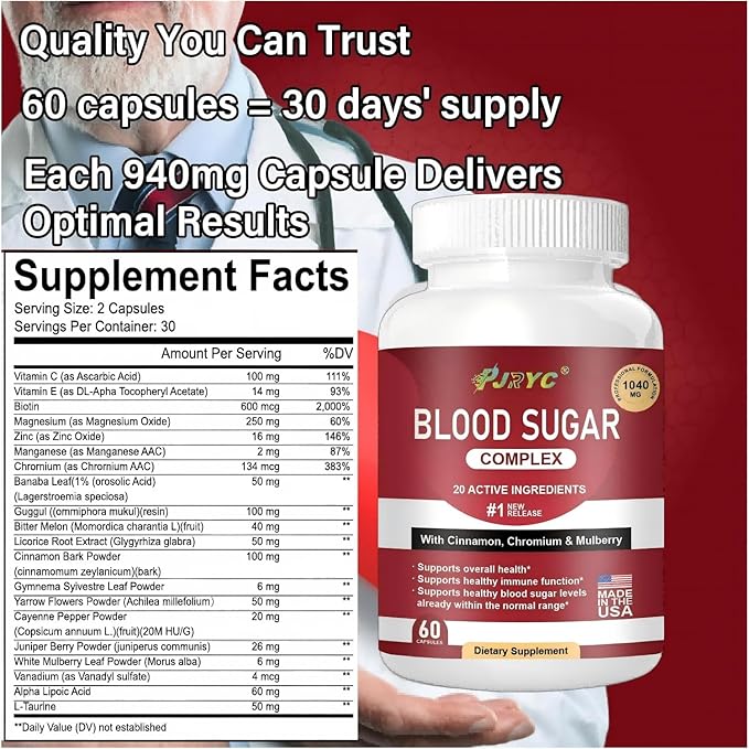 Blood Sugar Complex Supplement - Supports Healthy Blood Sugar Levels All Natural with Cinnamon Bitter Melon Chromium Garlic Hibiscus Olive Leaf Mulberry Non-GMO - 120 Capsules