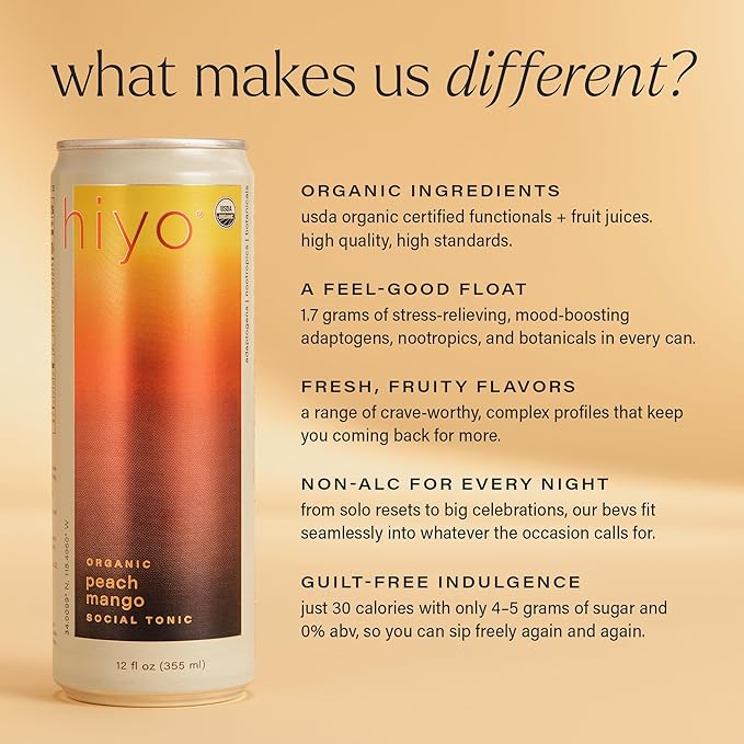 Hiyo Organic Social Tonic - Peach Mango 12 Pack - N.A. Functional Seltzer Sparkling Water Crafted with Organic Adaptogens Nootropics &amp Botanicals