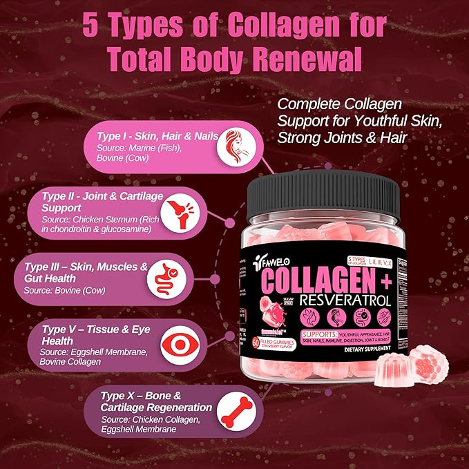 Multi Collagen Gummies Peptides Hydrolyzed Type I II III V X Plus Resveratrol Hyaluronic Acid &amp Biotin Gummies for Hair Skin and Nails Vitamins | Colageno Hidrolizado for Women &amp Men | Sug