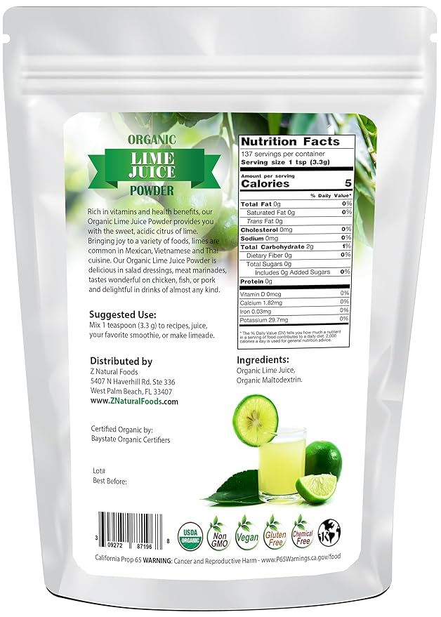 Organic Lime Juice Powder - Superfood Drink Mix Supplement For Drinks Baking Cooking Recipes - Non GMO Vegan Gluten Free Kosher - 1 lb