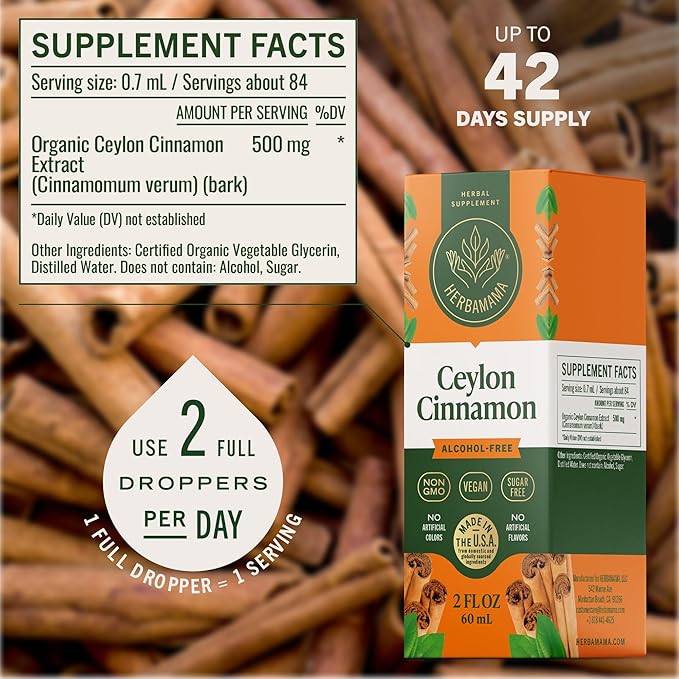 HERBAMAMA Ceylon Cinnamon Extract Liquid - Cinnamon Drops for Overall Support - Non-GMO Alcohol &amp Sugar-Free Antioxidant Tincture 42-Day Supply