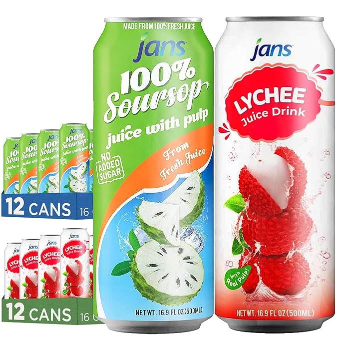 Jans Soursop &amp Lychee Juice with Pulp 16oz (Pack of 24) 100% Natural Juice Drinks