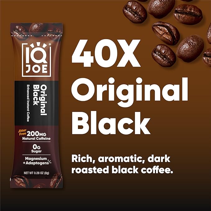 IQJOE Mushroom Coffee Packets (40 Servings) Lion’s Mane Magtein Magnesium Antioxidants Adaptogens - Original Black - Instant Coffee for Focus Clarity Mood Energy Boost - Sugar Free Keto Vegan