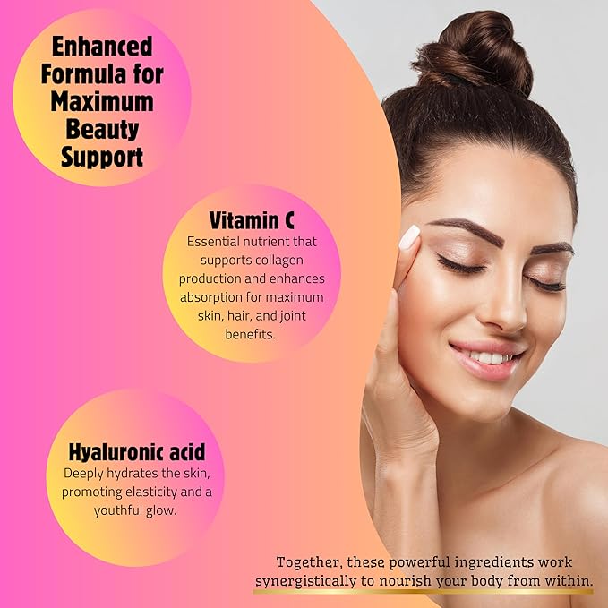 Collagen Peptides 1lb –100% Hydrolyzed Bovine Collagen – Non-GMO 15g per Serving – Supports Skin Hair Joints – New Formula with Vitamin C &amp Hyaluronic Acid Unflavored 16oz