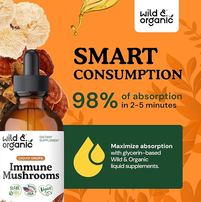 Wild &amp Organic Immune Mushroom Tincture - 8-in-1 Immune Support with Chaga Reishi Turkey Tail Lion’s Mane Maitake Extract - Liquid Mushroom Supplement - Vegan Sugar &amp Alcohol-Free Drops -