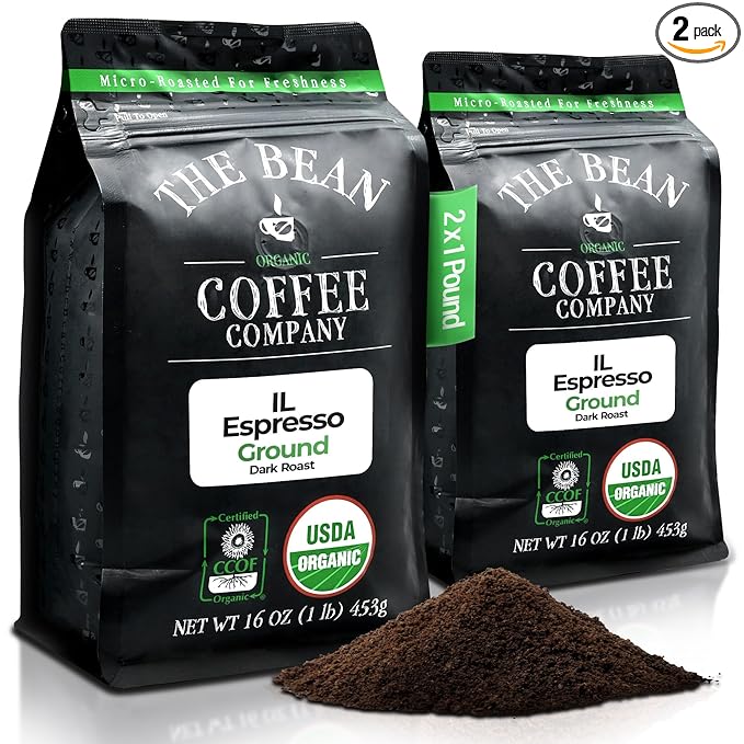 The Bean Organic Coffee Company Il Espresso Classic Dark Roast Ground Coffee 16-Ounce Bags (Pack of 2) Café molido tostado orgánico
