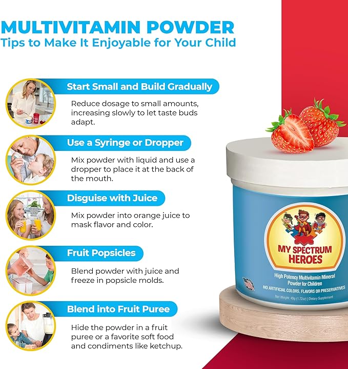 My Spectrum Heroes Kids Powder Multivitamin - Strawberry Powder Supplement Better Absorption Non-GMO Non-Gluten No Artificial Ingredients - Neural Help for Children on The Spectrum - 30 Servings