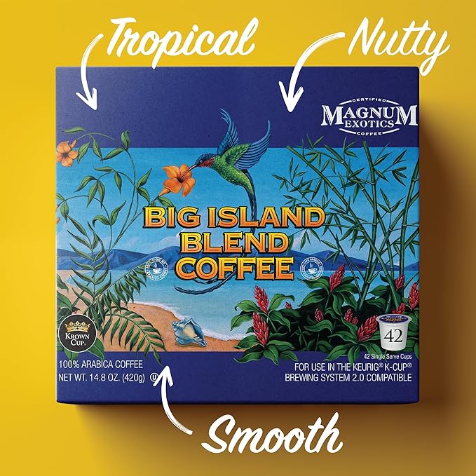 Magnum Exotics Big Island Blend Coffee Pods - Coffee Cups Compatible with K Cup Keurig Breakfast Light Roast Bulk Premium Blend Fast Single-Serve Capsules - 42 Count