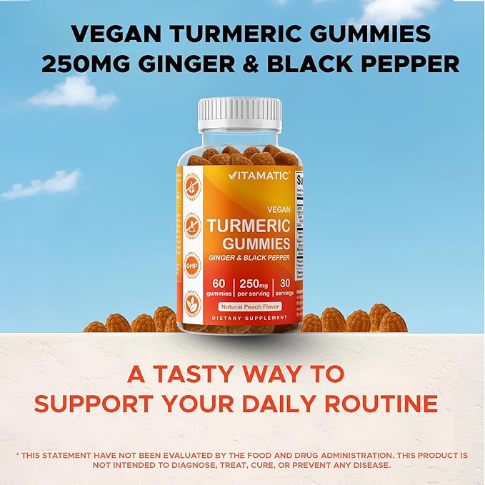 Vitamatic Turmeric Gummy with Ginger &amp Black Pepper Extract – 60 Vegan Gummies Each | 2 Pack (120 Gummies) 95% Curcuminoids – Powerful Antioxidant &amp Inflammatory Support