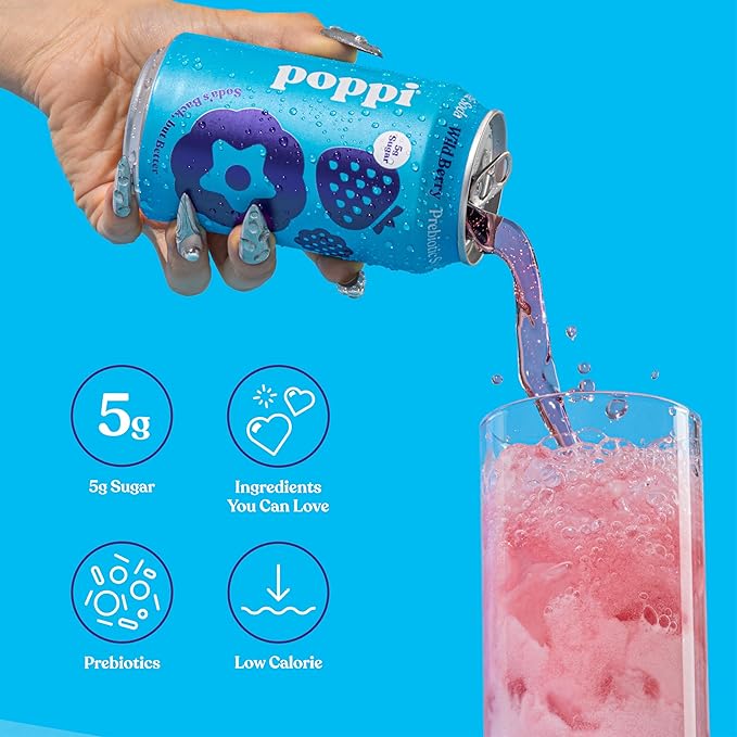 Poppi Sparkling Prebiotic Soda Beverage with Apple Cider Vinegar Seltzer Water and Fruit Juice Wild Berry Flavor 12 oz Pack of 12 Packaging May Vary.