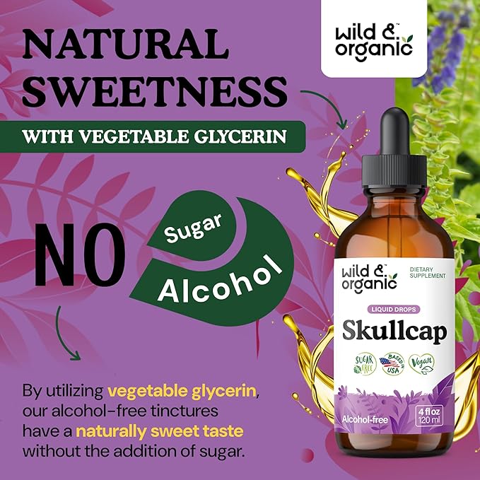 Wild &amp Organic Skullcap Herb Tincture - Skullcap Supplement for Mood Support - Relaxing Liquid Extract Drops - Vegan Sugar &amp Alcohol-Free - 4 fl oz