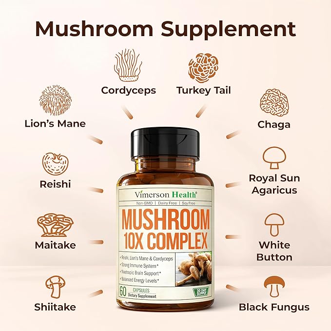 Mushroom 10x Complex with Lions Mane Extract Turkey Tail Cordyceps Reishi Shiitake Chaga &amp Maitake for Cognitive Support – Vegan Mushroom Supplement Blend for Natural Energy &amp Focus – 60