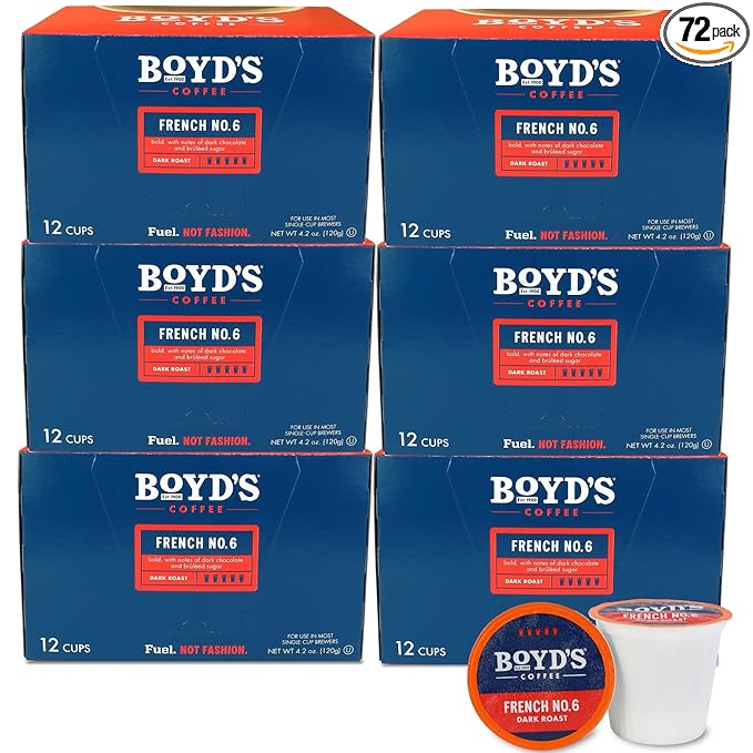 Boyd’s Coffee French No. 6 Dark Roast Single Serve Pods 12 Count (Pack of 6) – Rich Sweet &amp Smoky Arabica Coffee – Compatible with K-Cup Brewers