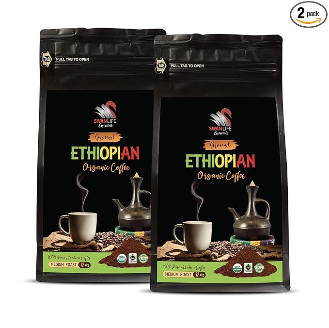 black coffee bags - ETHIOPIAN GROUND ORGANIC COFFEE fair trade 100% pure arabica medium roast high acidity - coffee plant 2 Bags (24 Oz)