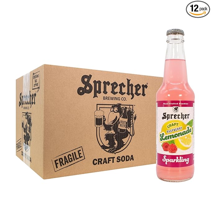 Sprecher Sparkling Raspberry Lemonade in 12 fl oz Glass Bottles (12 Pack) Handcrafted Craft Soda with Real Lemon and Strawberry Juice Naturally Flavored and Cane Sugar Sweetened