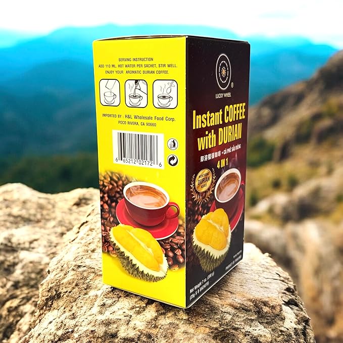 2 Packs - Instant Coffee with Durian 4 In 1 - Ca Phe Hoa Tan Vi Sau Rieng 4 IN 1-8 Sachets per Box with 2 Boxes per Order - Product of Thailand