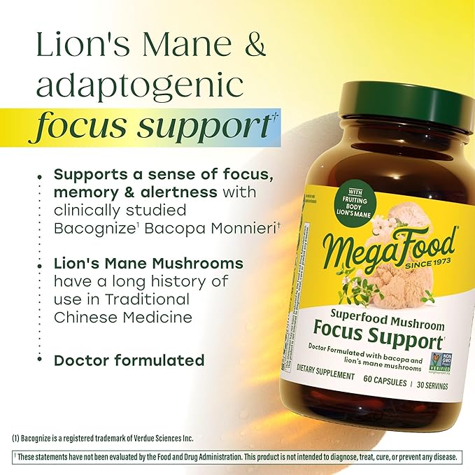 MegaFood Superfood Mushroom Focus Support - Lions Mane Supplement Capsules - Doctor Formulated – Lion’s Mane Mushroom Supplement with Clinically Studied Bacopa - Vegan - 60 Capsules 30 Servings