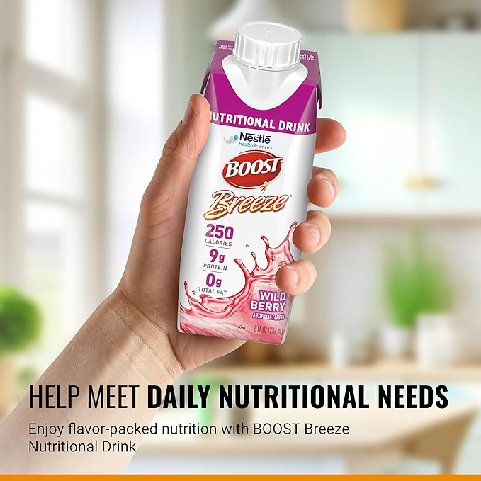 BOOST Breeze Clear Nutritional Drink - 250 Calories - 19 Vitamins &amp Minerals - 9 g Protein – Fortified with Vitamin A &amp Zinc - Wild Berry Flavor - 8 fl oz (Pack of 24)
