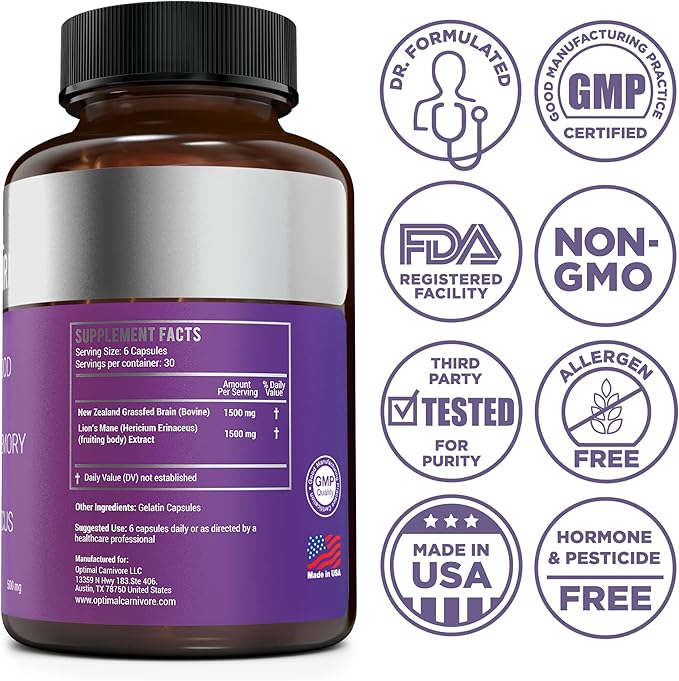 Optimal Carnivore Lions Mane Mushroom Supplement &amp Beef Brain Powerful Nootropics Brain Support Supplement Brain Supplements for Memory and Focus 180 Capsules