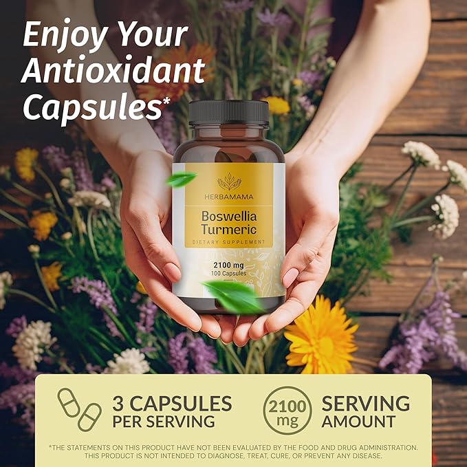 HERBAMAMA Turmeric and Boswellia Extract Capsules - 2100mg Boswellia Serrata &amp Turmeric Complex with Black Pepper Extract - Vegan Non-GMO 95% Curcuminoids Antioxidant Supplement 100 Caps