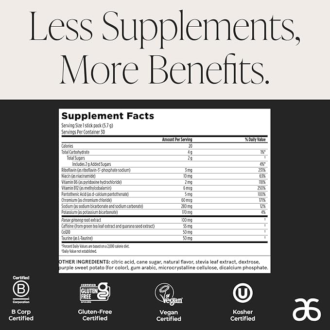 Arbonne Ginseng Energy Supplements - Blackberry Flavor Fizz Sticks Energy Boost with Caffeine Powder from Guarana and Green Tea Delicious Alternative to Caffeine Pills